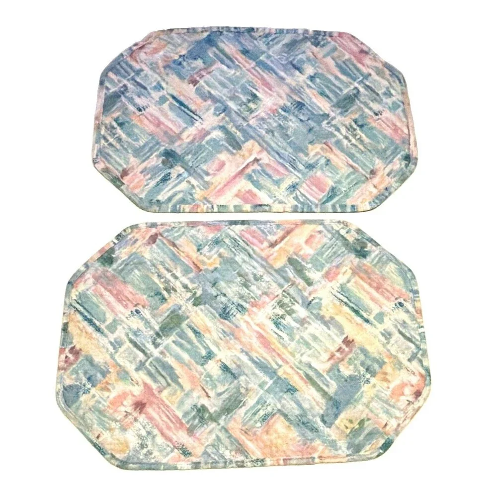 Vintage 2 Quilted Fabric Octagonal Placemats Abstract pastel Multicolor